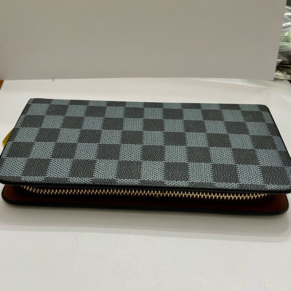 Blue and Black Plaid Faux Leather Zippy Long Wallet 8in x 4in