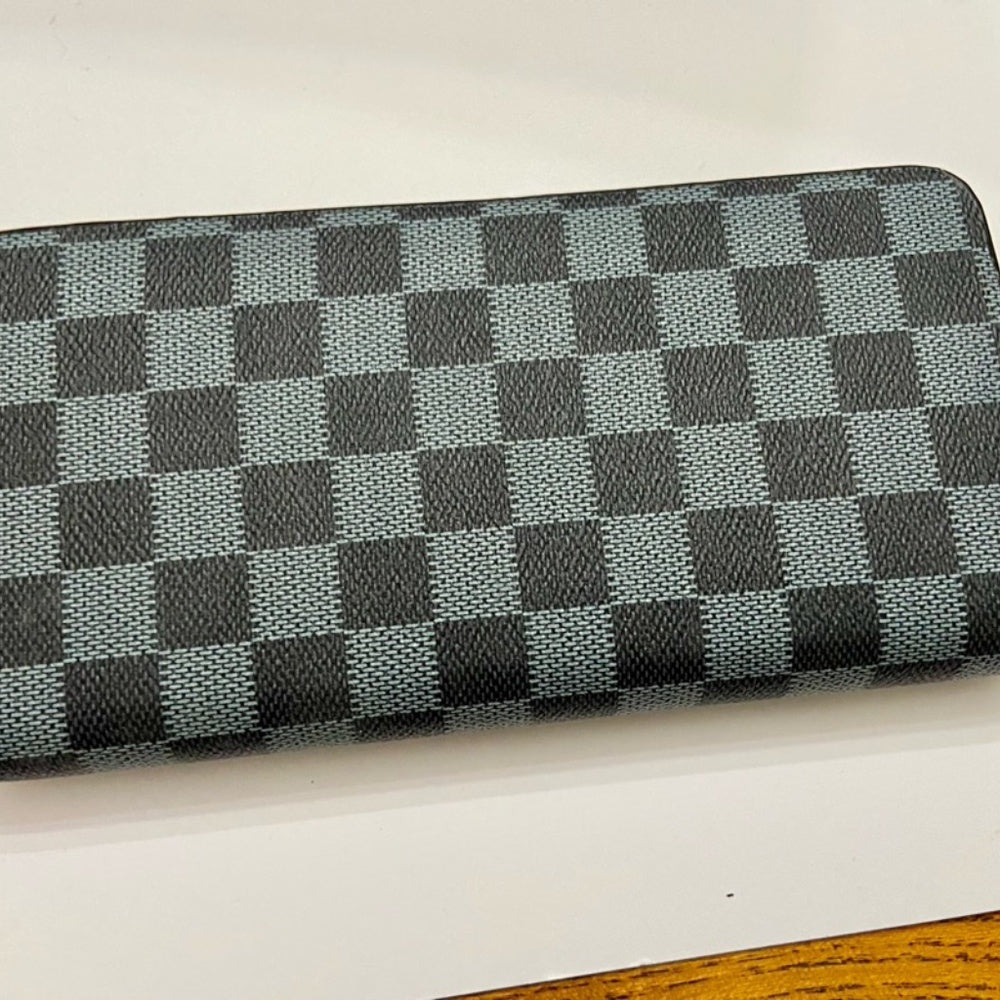 Blue and Black Plaid Faux Leather Zippy Long Wallet 8in x 4in
