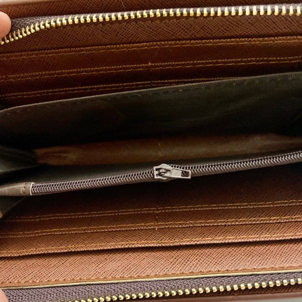 Brown and Tan Plaid Faux Leather Zippy Long Wallet 8in x 4in