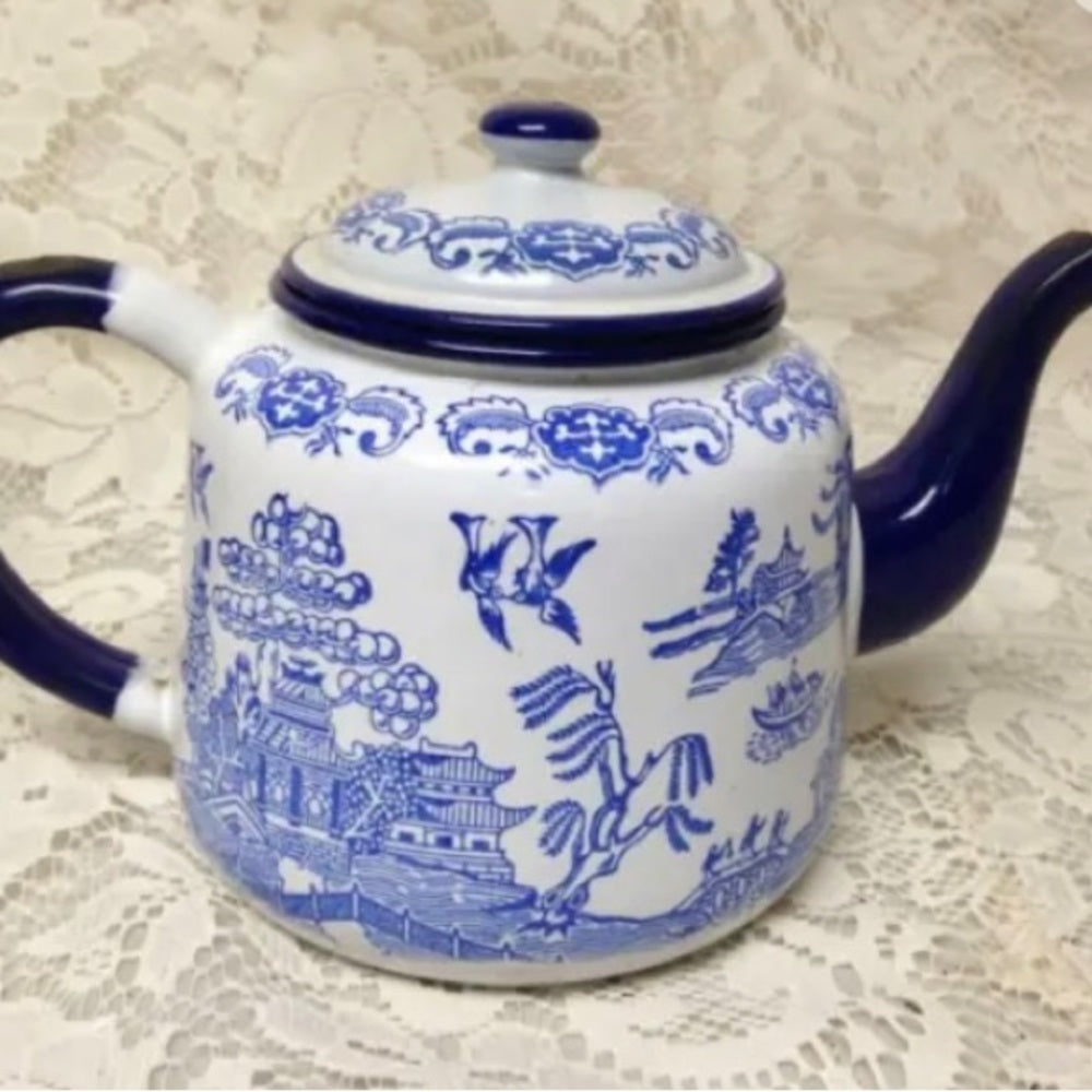 Antique, Blue Willow Enamelware Teapot or Tea Kettle 9in x 6in
