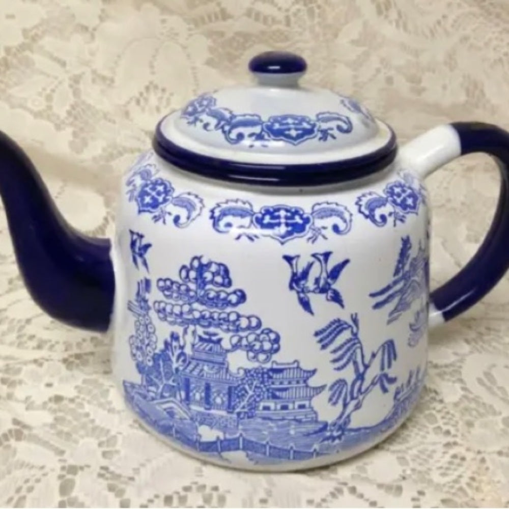 Antique, Blue Willow Enamelware Teapot or Tea Kettle 9in x 6in