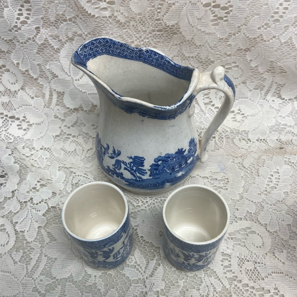 Vintage, Edge Malkin England,Blue Willow, 6.5in Pitcher with 2 Tumblers