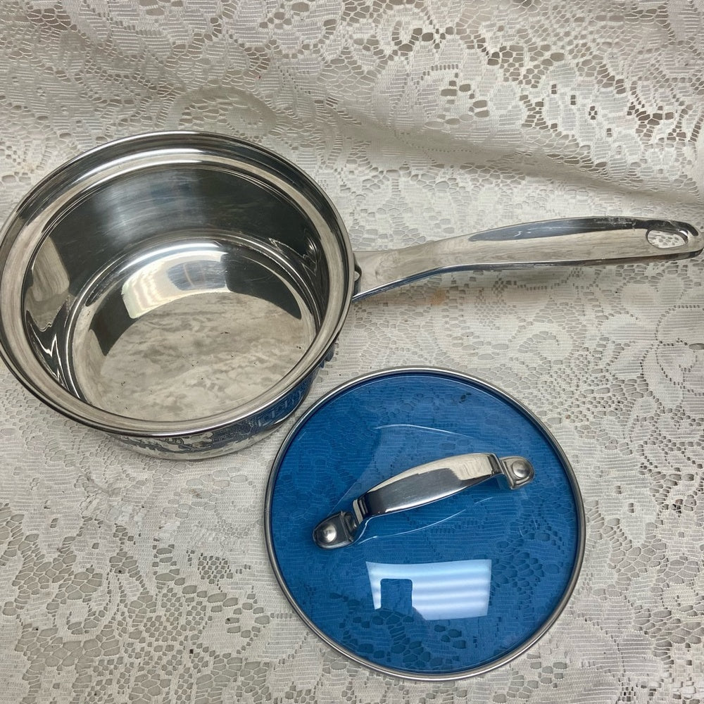 Blue Willow, Stainless Steel-Covered Sauce Pan 13.5in L x 6.5in D x 4.5in H