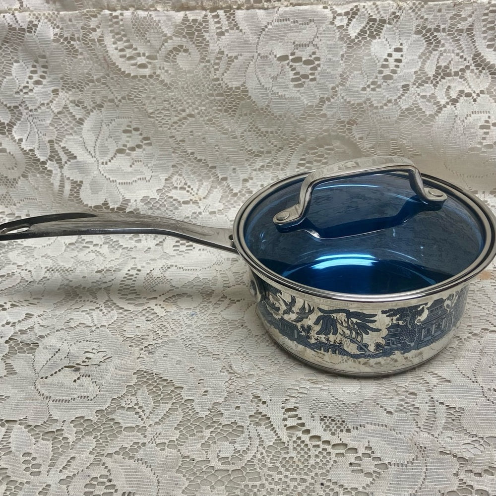 Blue Willow, Stainless Steel-Covered Sauce Pan 13.5in L x 6.5in D x 4.5in H