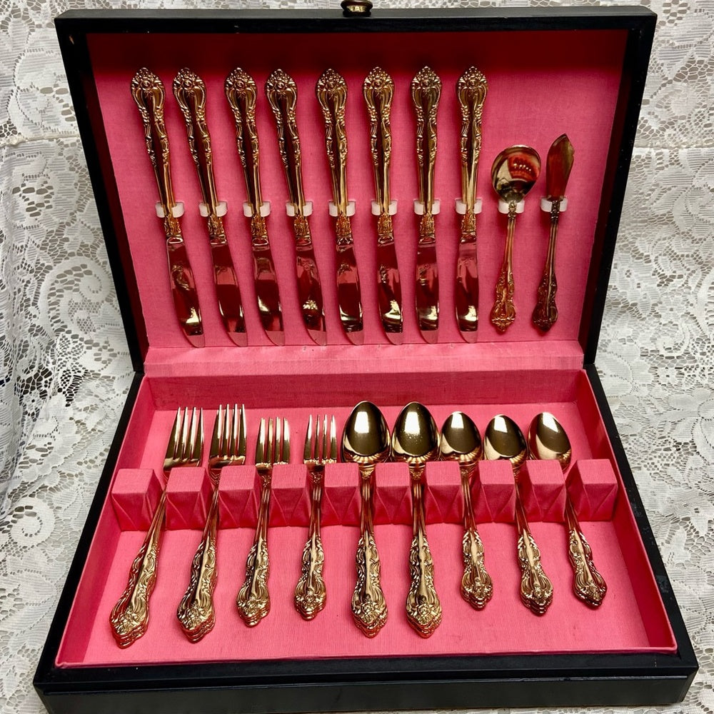 Vintage, IBW, Japan 42-pc Gold Plated Flatware Service for 8 with Box (2ZE-0723)