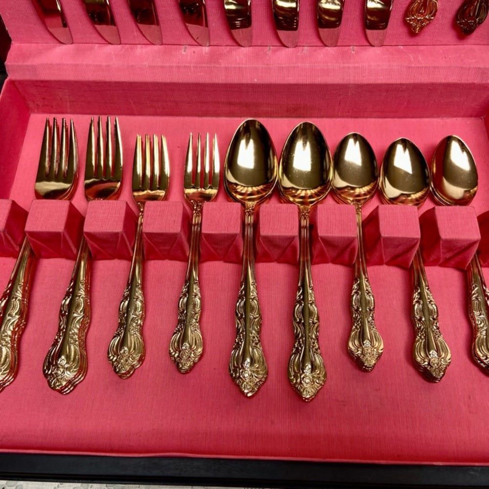 Vintage, IBW, Japan 42-pc Gold Plated Flatware Service for 8 with Box (2ZE-0723)