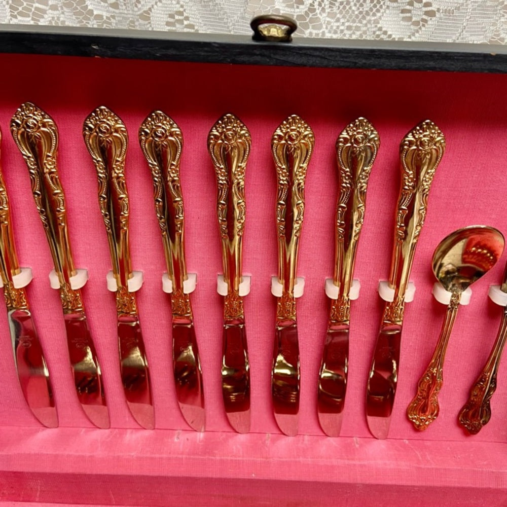 Vintage, IBW, Japan 42-pc Gold Plated Flatware Service for 8 with Box (2ZE-0723)