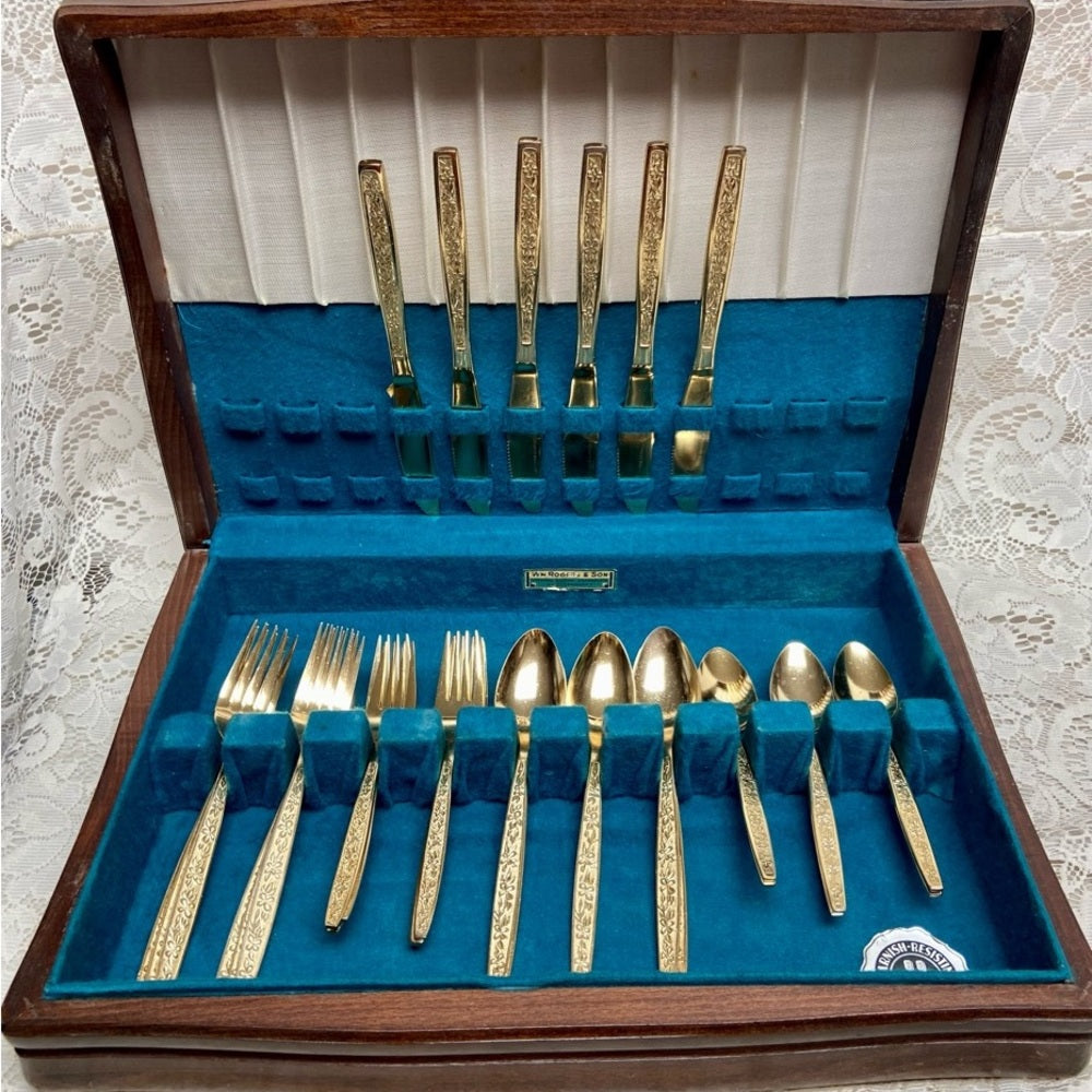 Vintage, Rogers, Korea 29-pc Gold Plated Flatware, Service for 6 with Box (2ZE-0