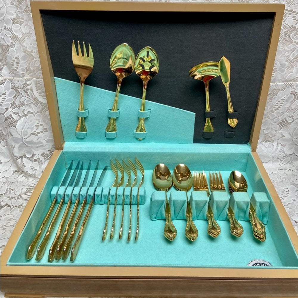 Vintage, 34-pc Estia, Korea Gold Plated Flatware for 6 with Hostess Set and Box