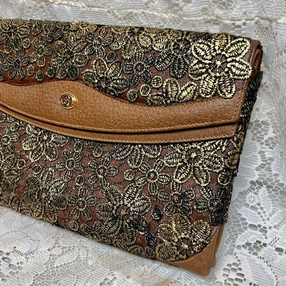 Vintage Gucci Gold Floral Evening Clutch Crossbody
