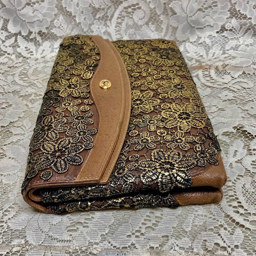 Vintage Gucci Gold Floral Evening Clutch Crossbody