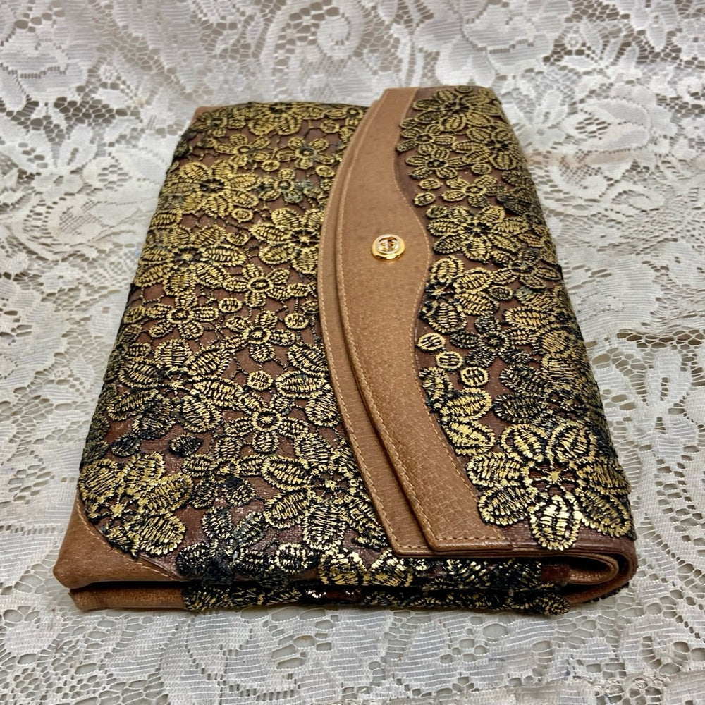 Vintage Gucci Gold Floral Evening Clutch Crossbody
