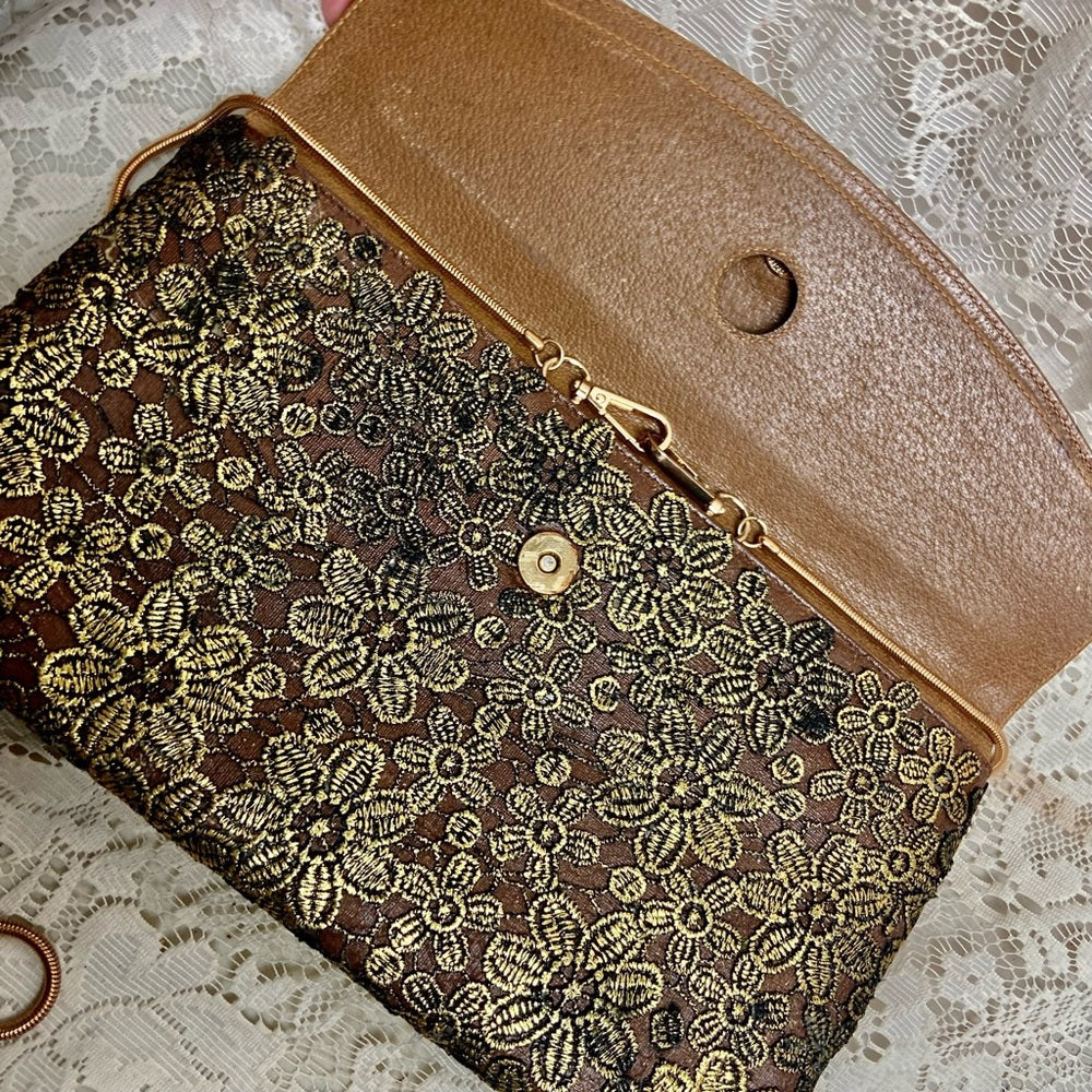 Vintage Gucci Gold Floral Evening Clutch Crossbody
