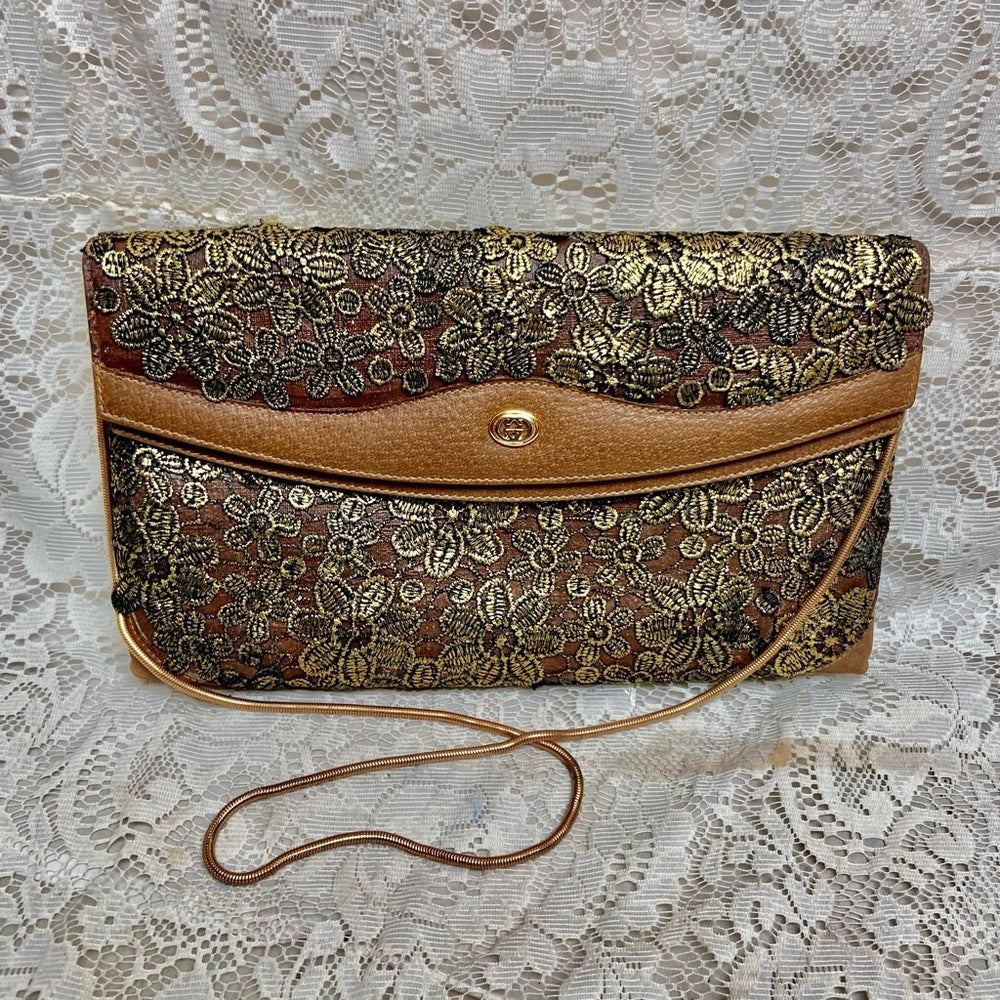 Vintage Gucci Gold Floral Evening Clutch Crossbody