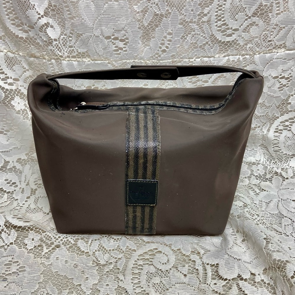 Fendi, Rare, Brown Nylon Pequin Stripes Trim Pouch