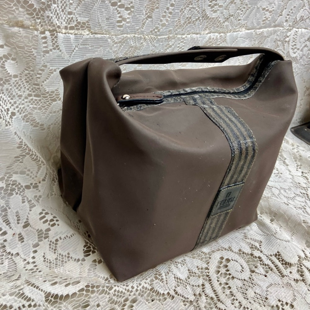 Fendi, Rare, Brown Nylon Pequin Stripes Trim Pouch