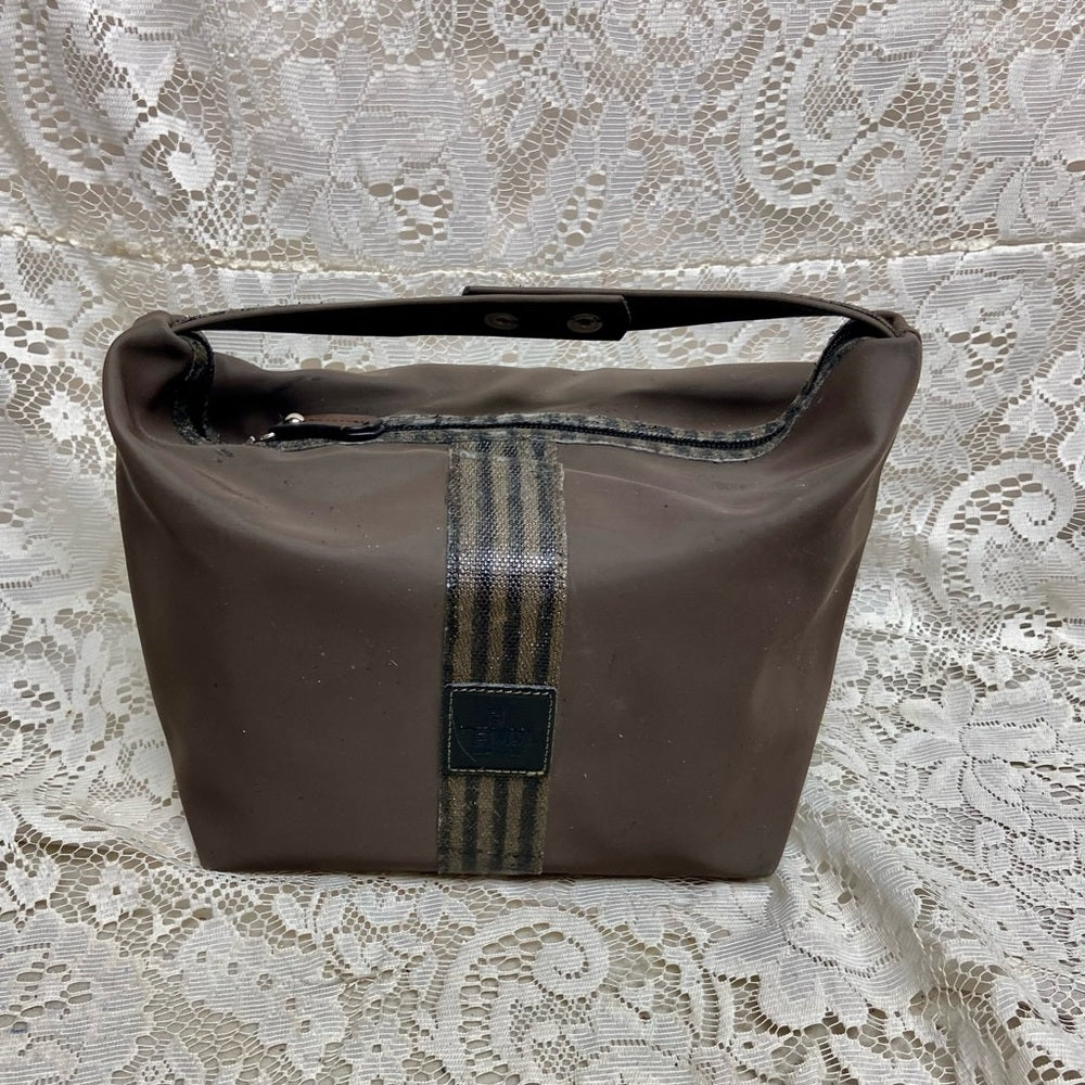Fendi, Rare, Brown Nylon Pequin Stripes Trim Pouch