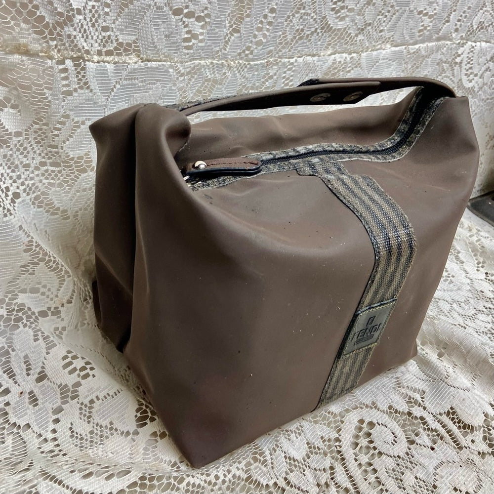 Fendi, Rare, Brown Nylon Pequin Stripes Trim Pouch