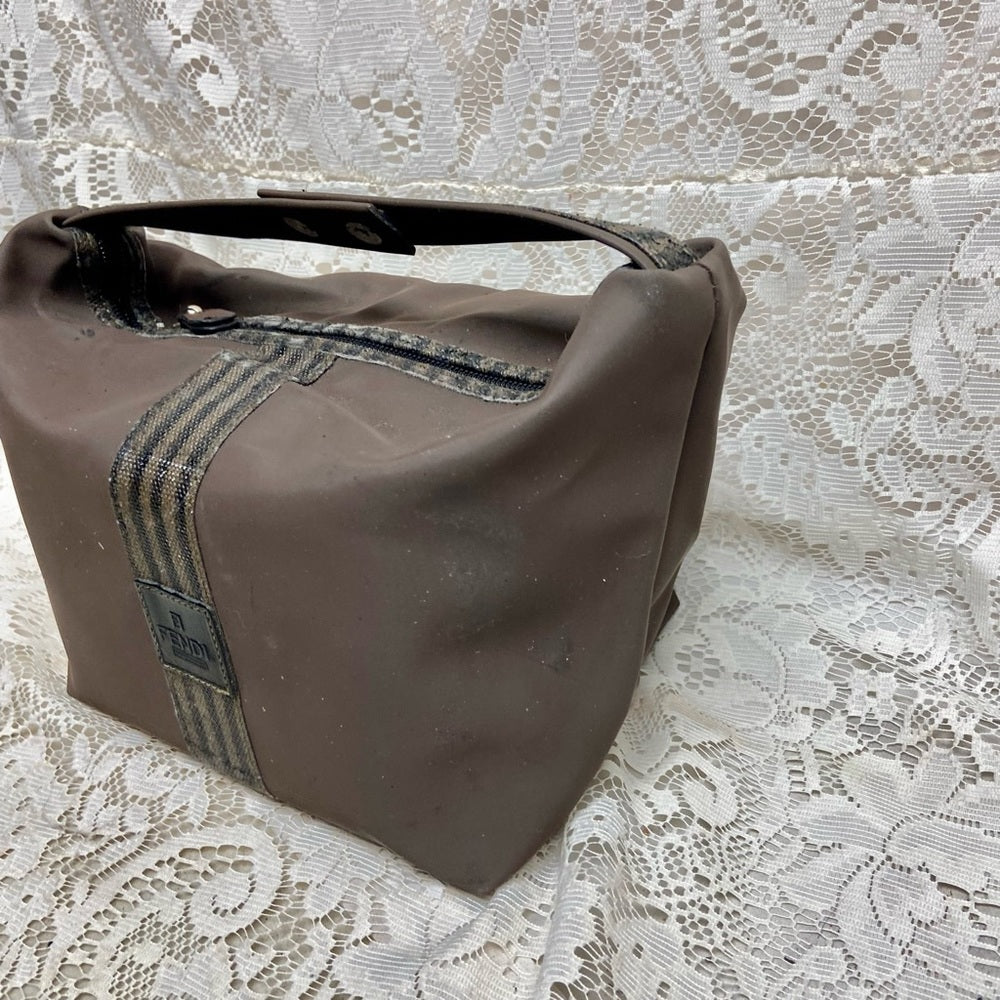 Fendi, Rare, Brown Nylon Pequin Stripes Trim Pouch