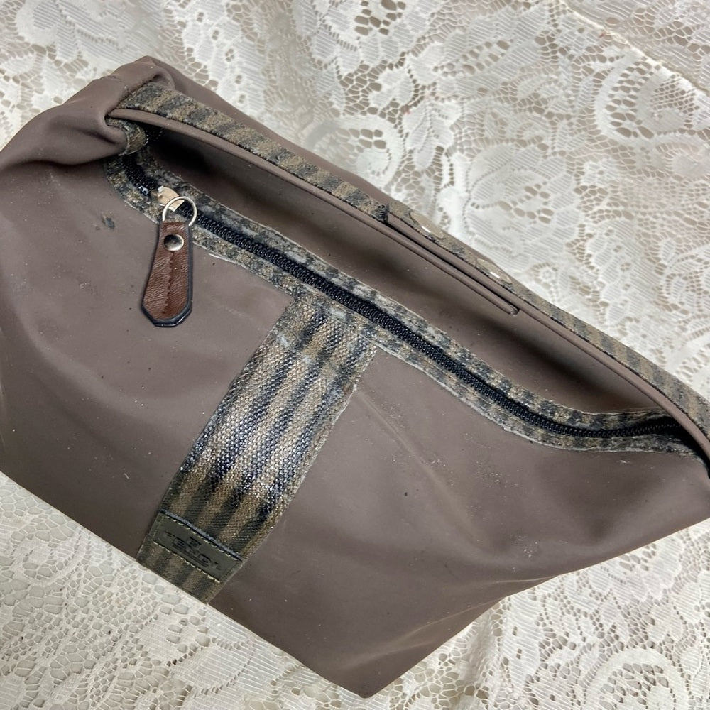 Fendi, Rare, Brown Nylon Pequin Stripes Trim Pouch