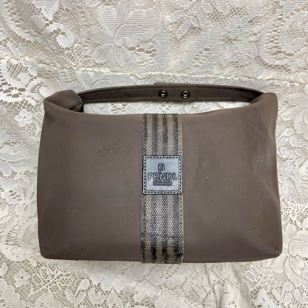 Fendi, Rare, Brown Nylon Pequin Stripes Trim Pouch