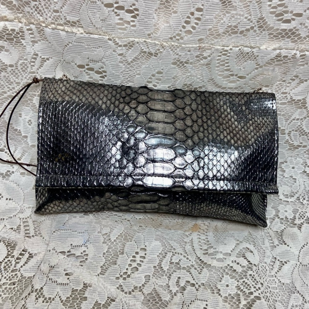 Metallic Silver Faux Snakeskin Leather Clutch Wristlet-Crossbody