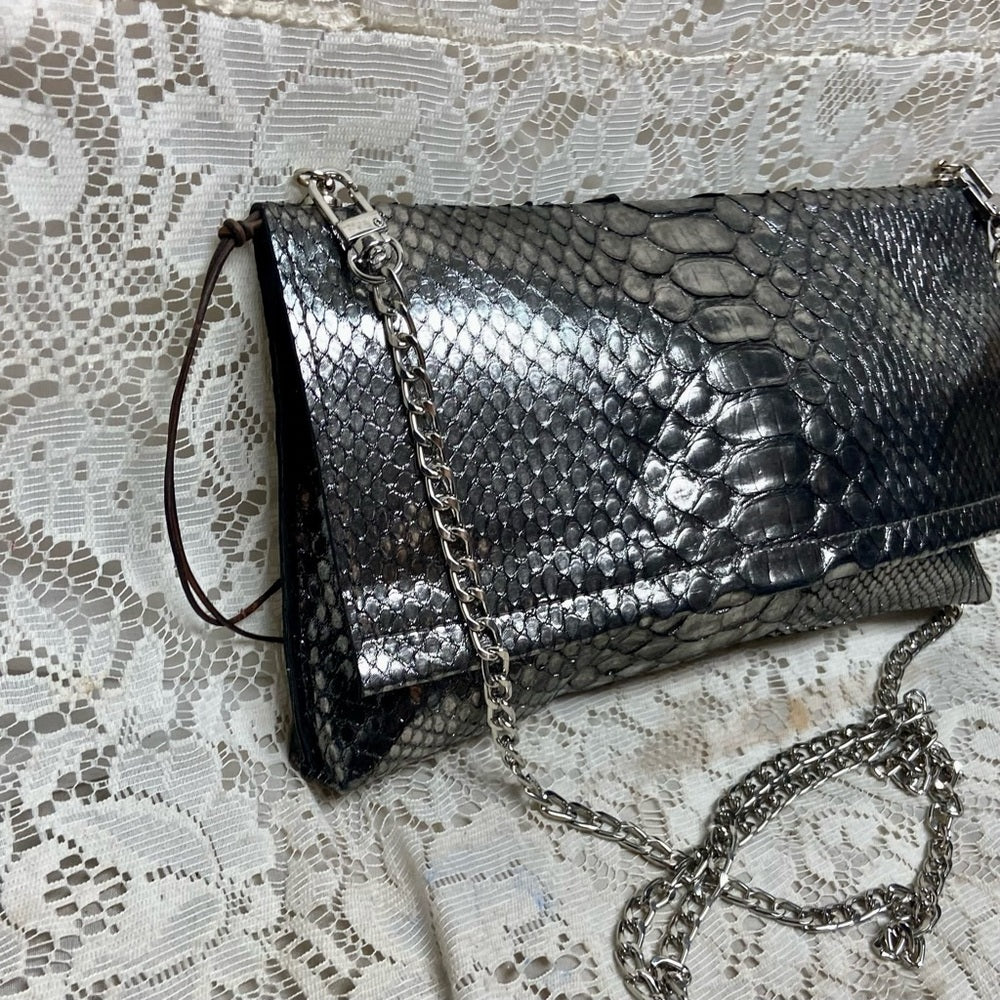 Metallic Silver Faux Snakeskin Leather Clutch Wristlet-Crossbody