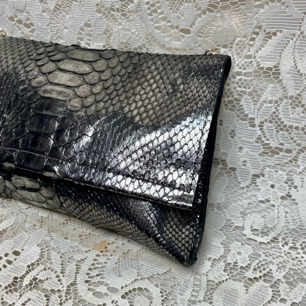 Metallic Silver Faux Snakeskin Leather Clutch Wristlet-Crossbody