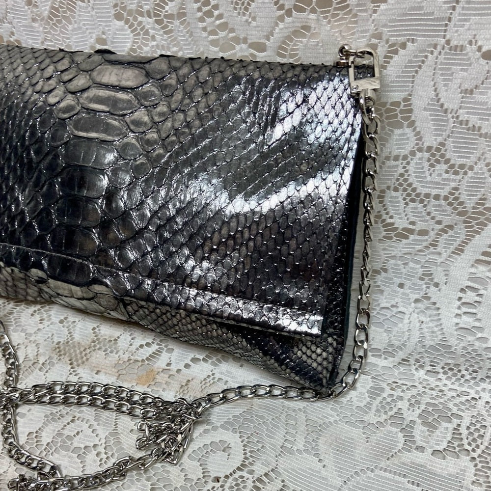 Metallic Silver Faux Snakeskin Leather Clutch Wristlet-Crossbody