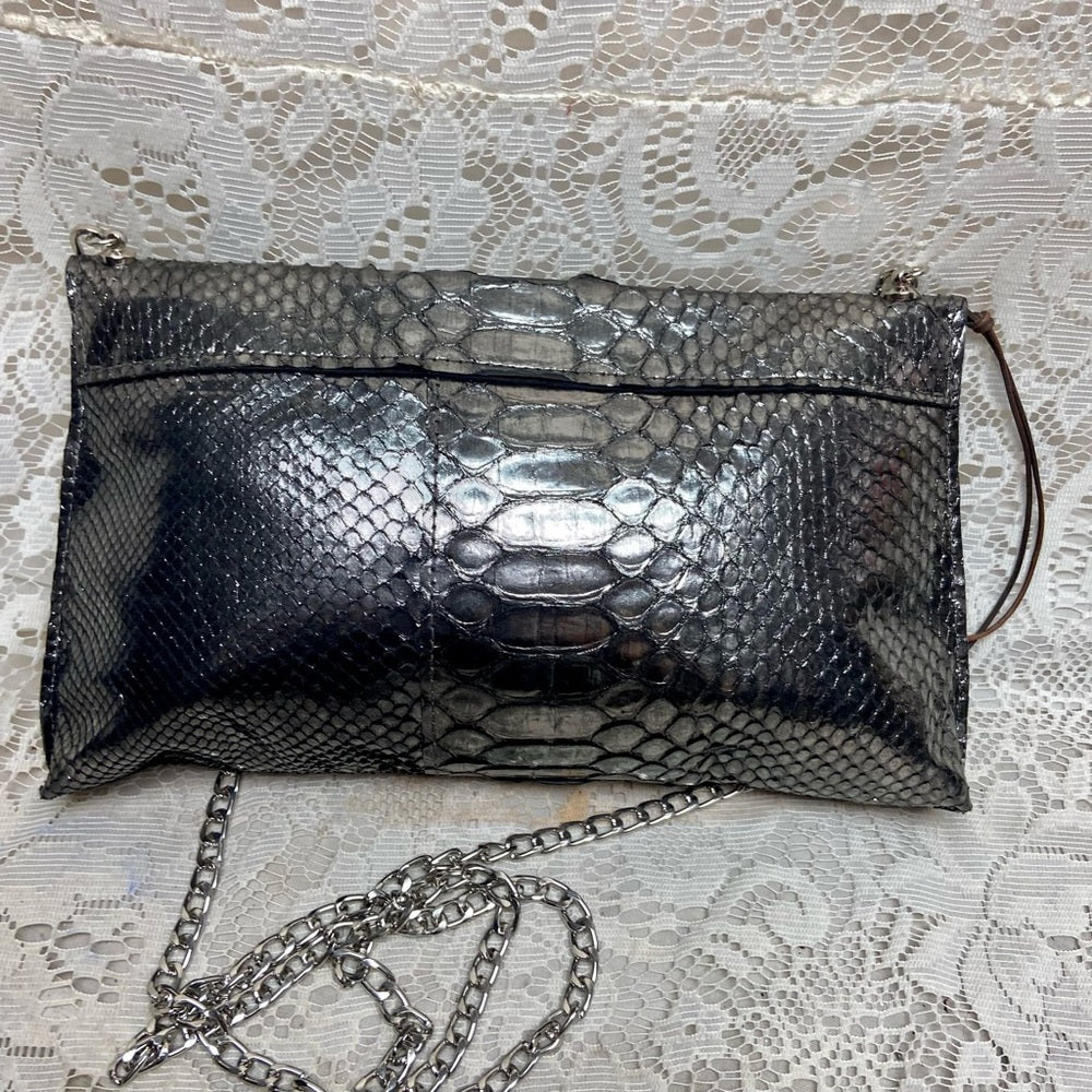 Metallic Silver Faux Snakeskin Leather Clutch Wristlet-Crossbody
