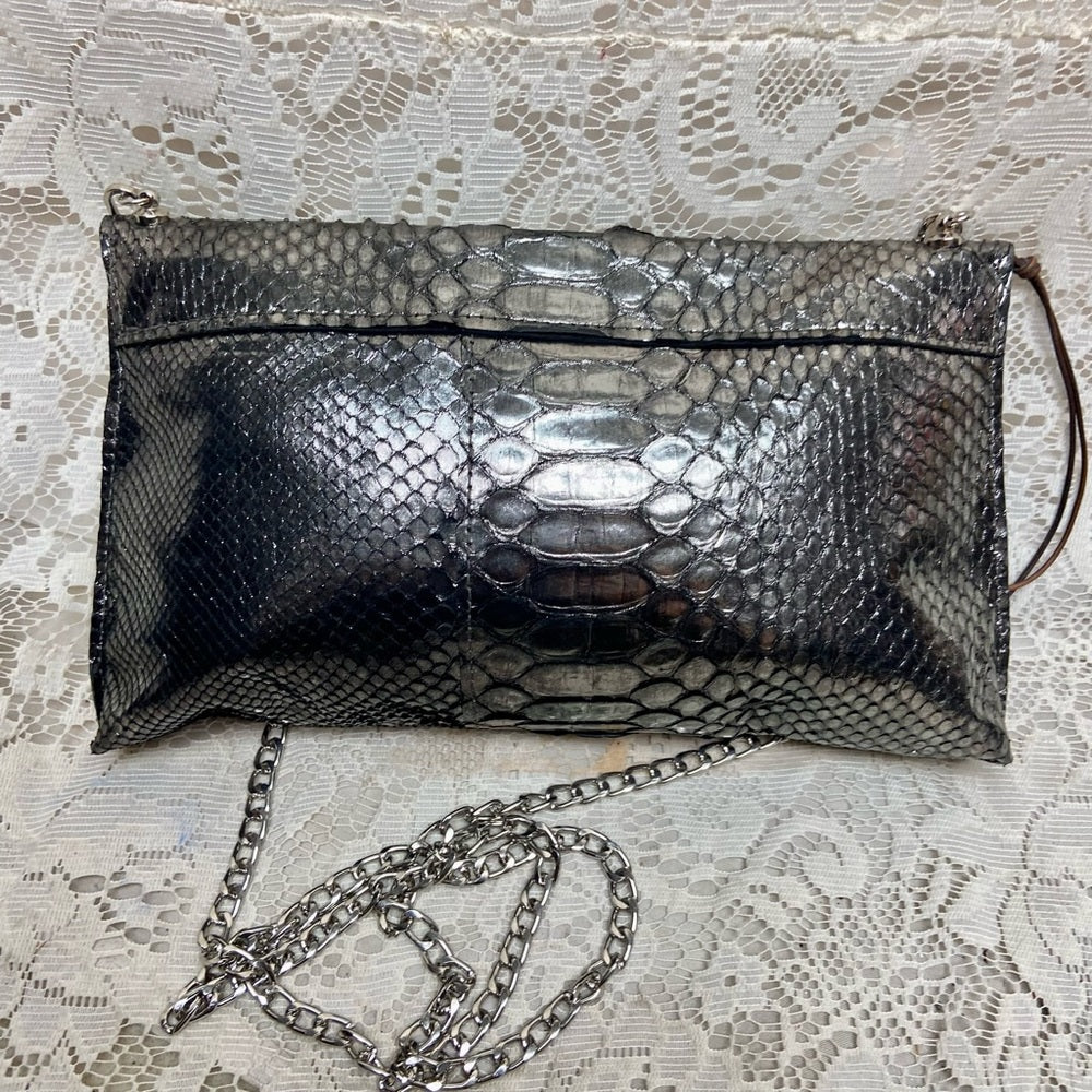 Metallic Silver Faux Snakeskin Leather Clutch Wristlet-Crossbody