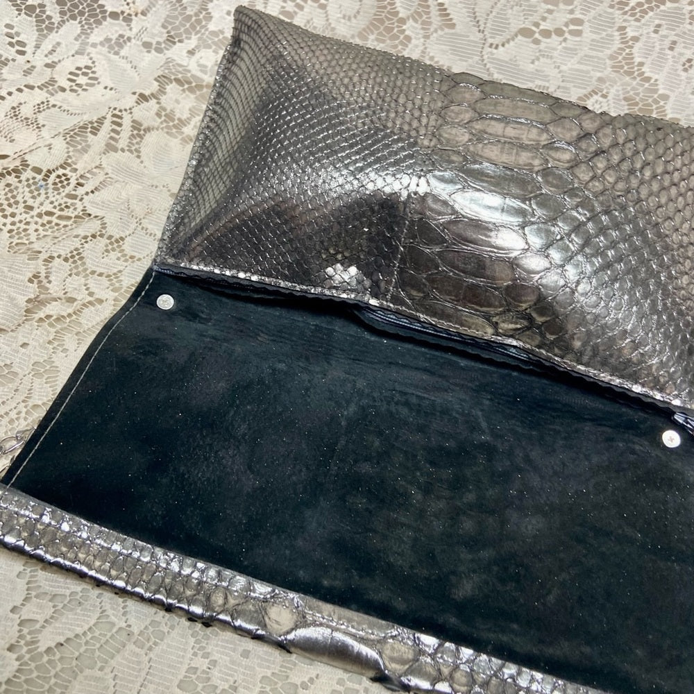 Metallic Silver Faux Snakeskin Leather Clutch Wristlet-Crossbody