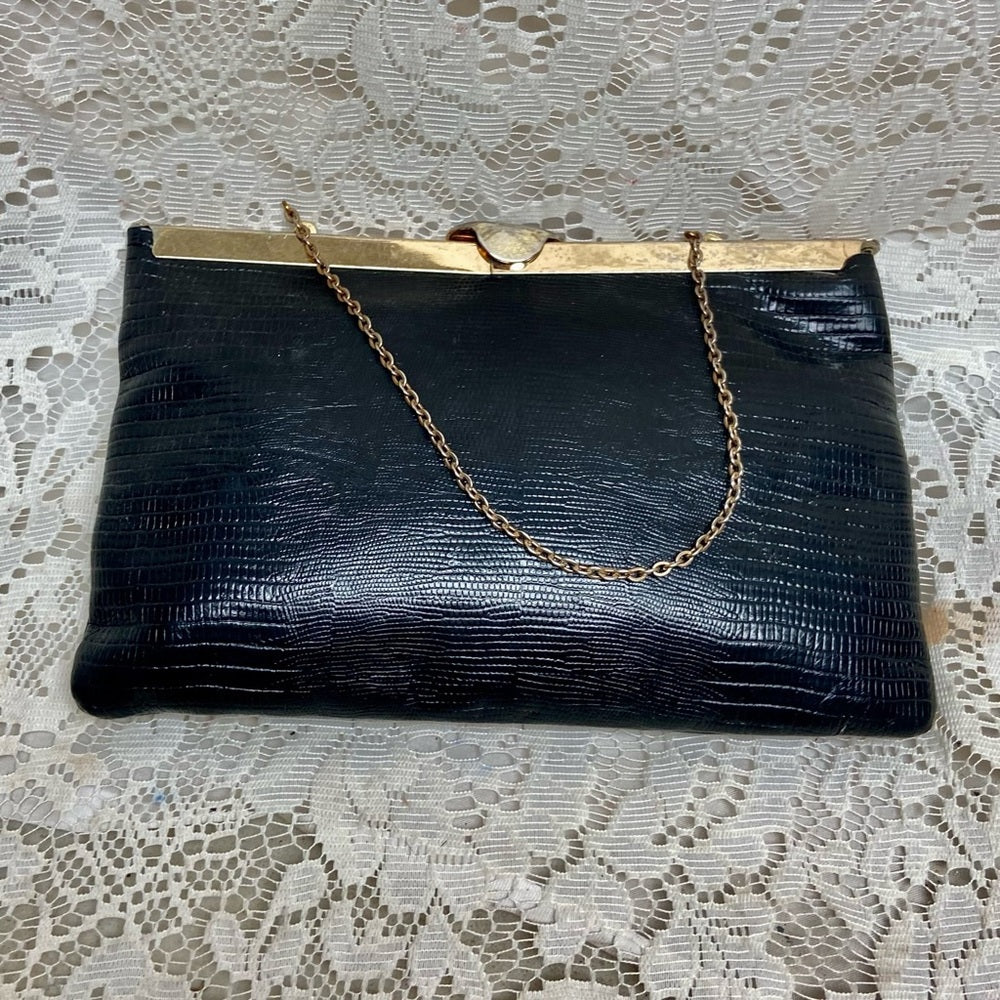 Vintage, Etra , Embossed Black Lizard Leather Clutch -Shoulder Bag