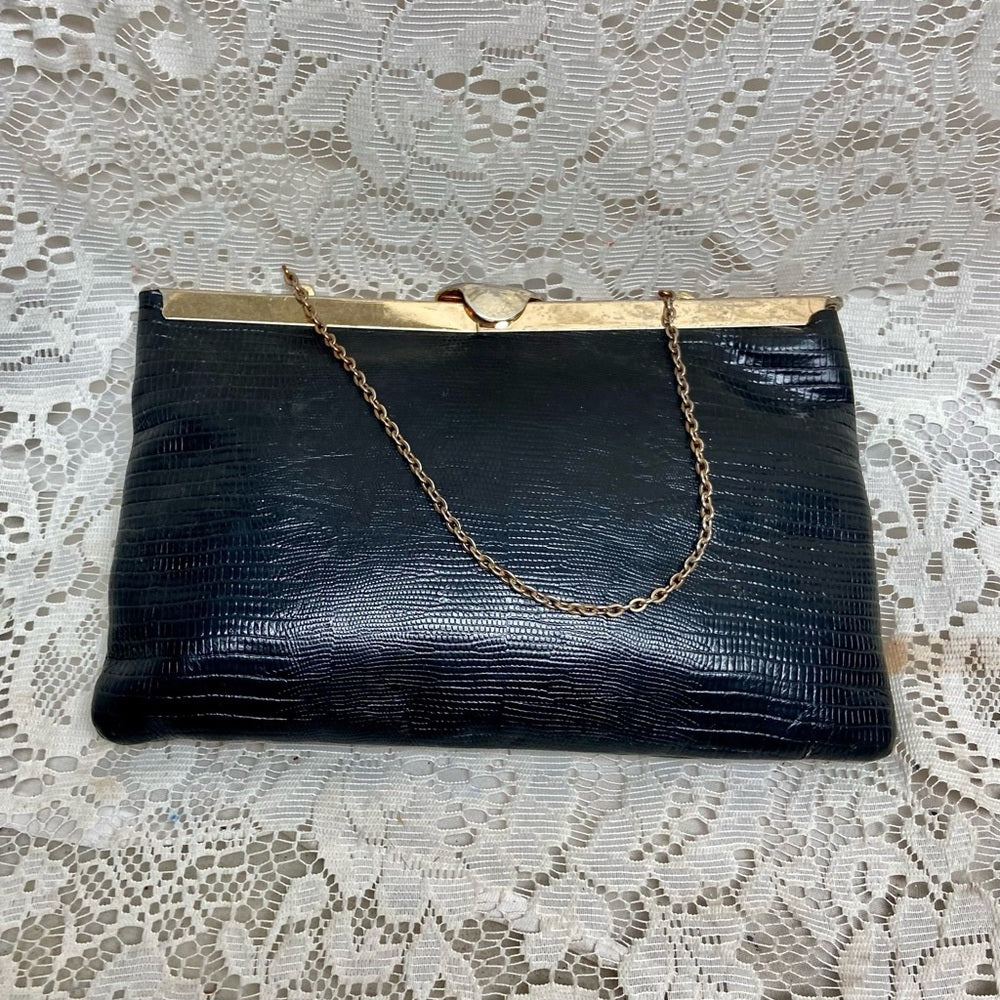 Vintage, Etra , Embossed Black Lizard Leather Clutch -Shoulder Bag