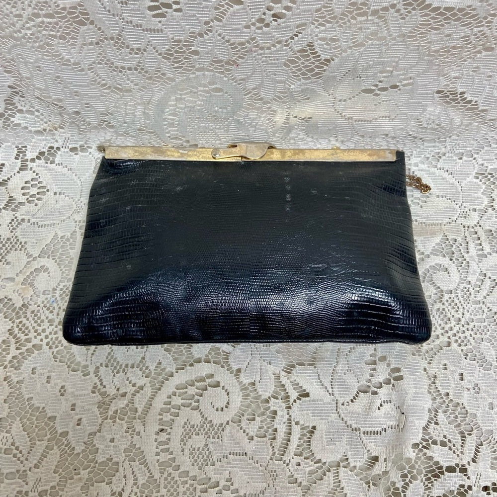 Vintage, Etra , Embossed Black Lizard Leather Clutch -Shoulder Bag