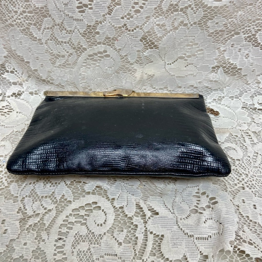 Vintage, Etra , Embossed Black Lizard Leather Clutch -Shoulder Bag