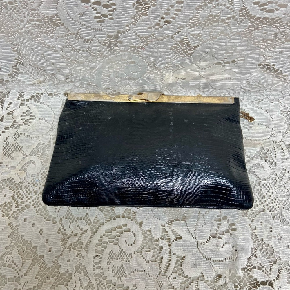 Vintage, Etra , Embossed Black Lizard Leather Clutch -Shoulder Bag