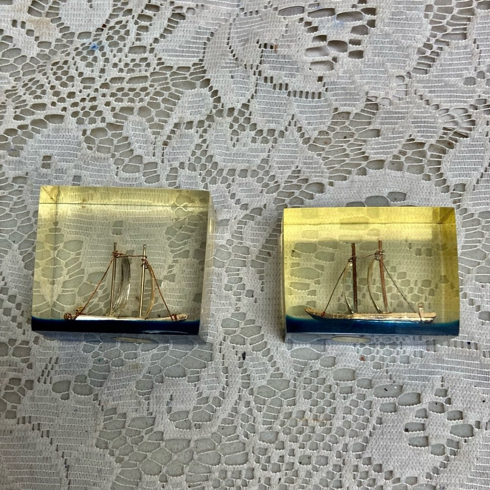 Lot of 2-1950s Vintage, Rare, Acrylic Lucite Gold Sailboat-Ship Paperweight (F0