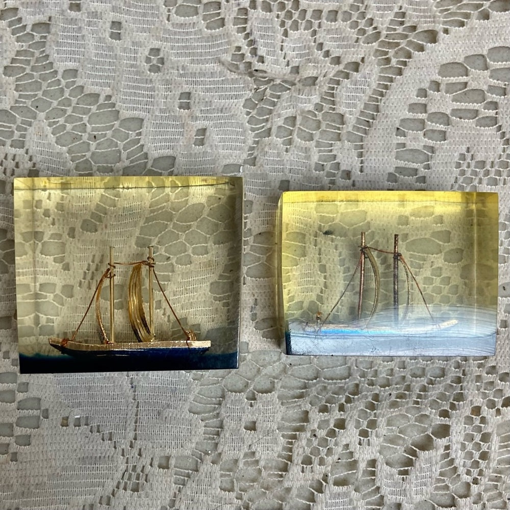 Lot of 2-1950s Vintage, Rare, Acrylic Lucite Gold Sailboat-Ship Paperweight (F0