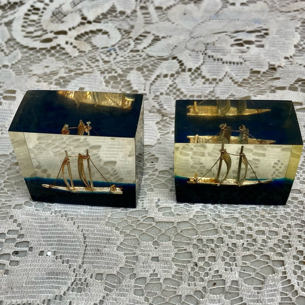 Lot of 2-1950s Vintage, Rare, Acrylic Lucite Gold Sailboat-Ship Paperweight (F0