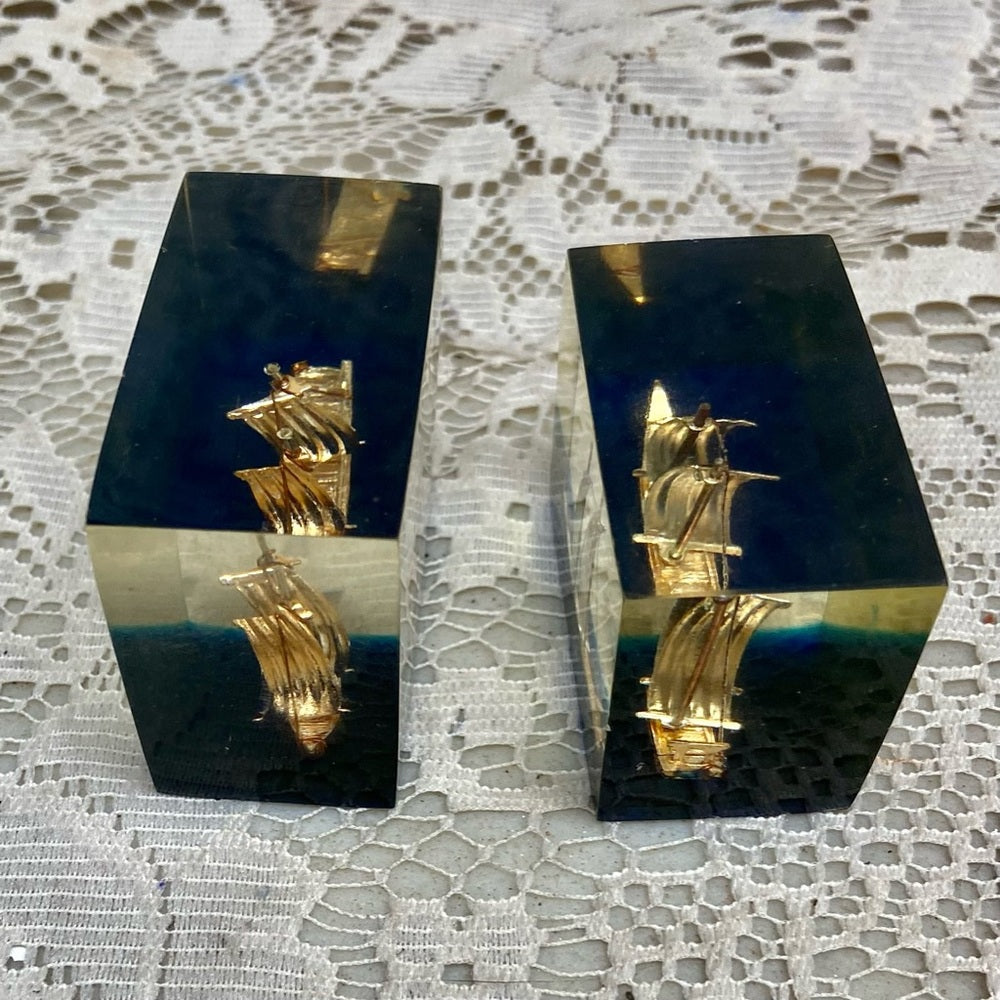 Lot of 2-1950s Vintage, Rare, Acrylic Lucite Gold Sailboat-Ship Paperweight (F0