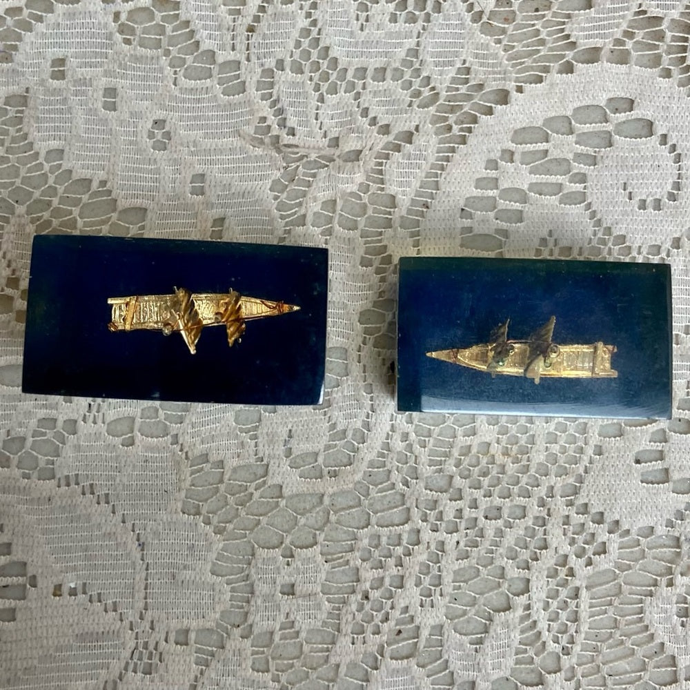 Lot of 2-1950s Vintage, Rare, Acrylic Lucite Gold Sailboat-Ship Paperweight (F0