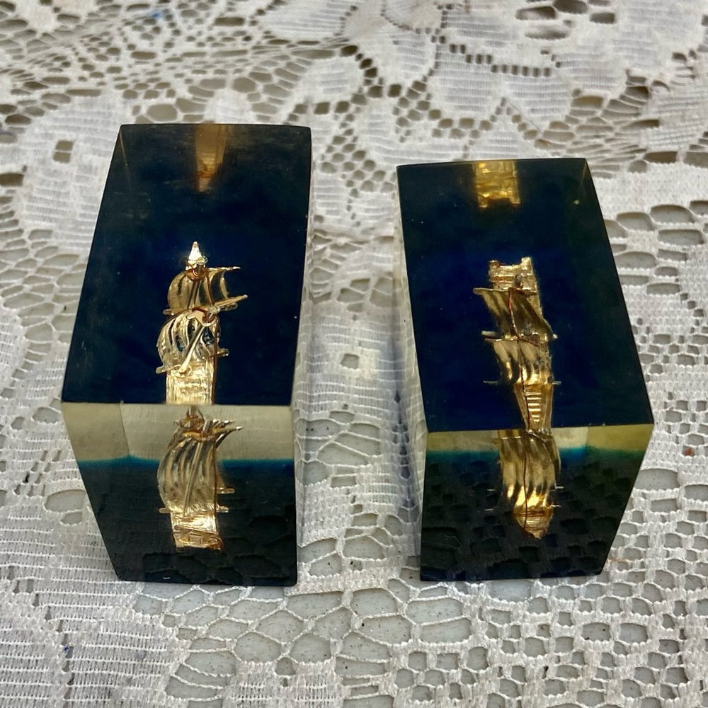 Lot of 2-1950s Vintage, Rare, Acrylic Lucite Gold Sailboat-Ship Paperweight (F0