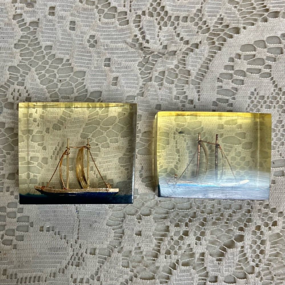 Lot of 2-1950s Vintage, Rare, Acrylic Lucite Gold Sailboat-Ship Paperweight (F0