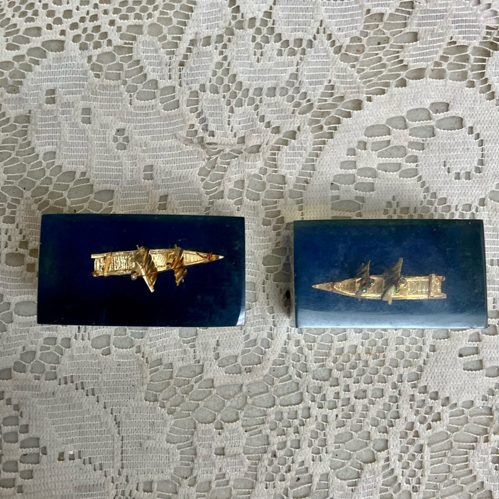 Lot of 2-1950s Vintage, Rare, Acrylic Lucite Gold Sailboat-Ship Paperweight (F0