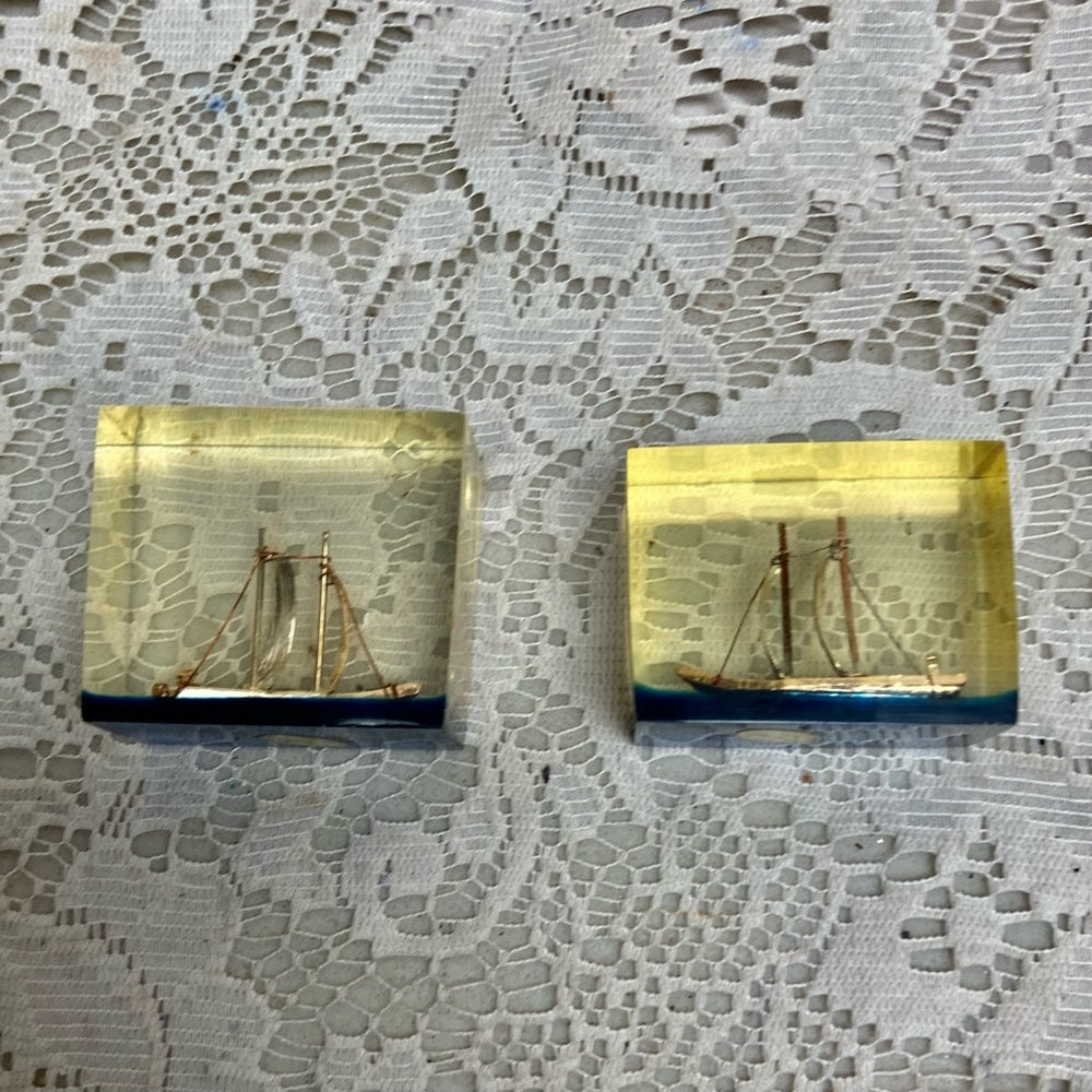 Lot of 2-1950s Vintage, Rare, Acrylic Lucite Gold Sailboat-Ship Paperweight (F0