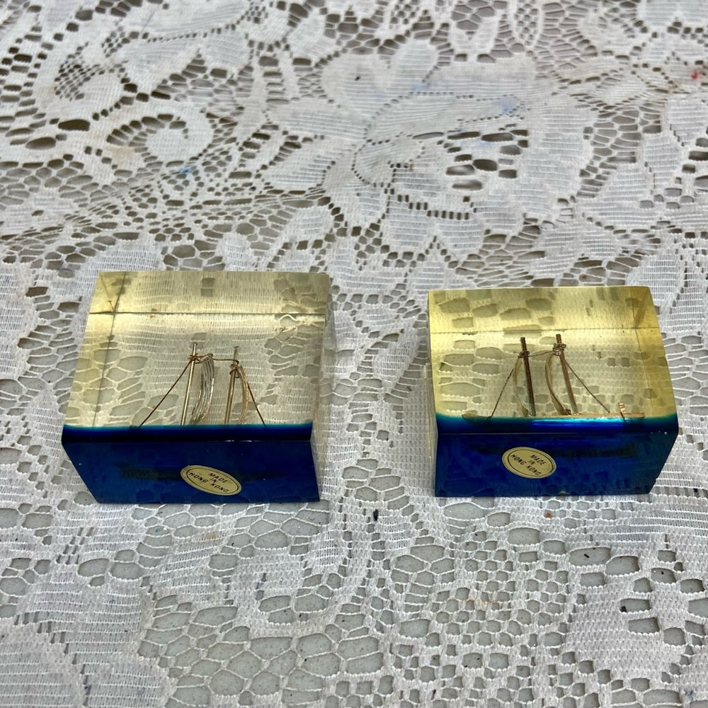 Lot of 2-1950s Vintage, Rare, Acrylic Lucite Gold Sailboat-Ship Paperweight (F0
