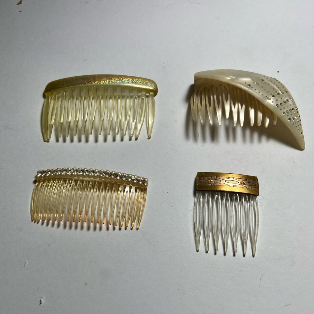 Vintage, Lot of 4 Celluloid Ivory Backcombs or Haircombs with Rhinestones