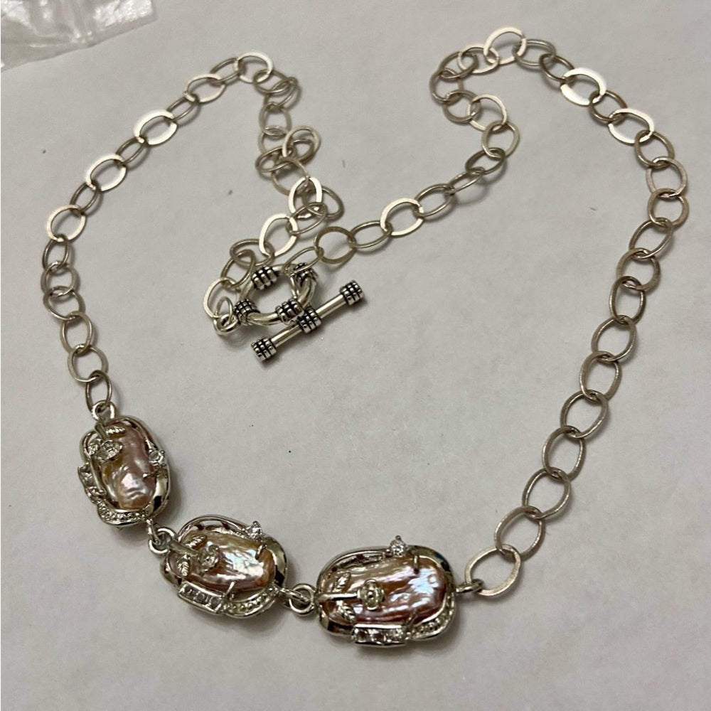 Vintage, 3 Encased Biwa Pearls Pendant w/18in Sterling-925 Chain Necklace