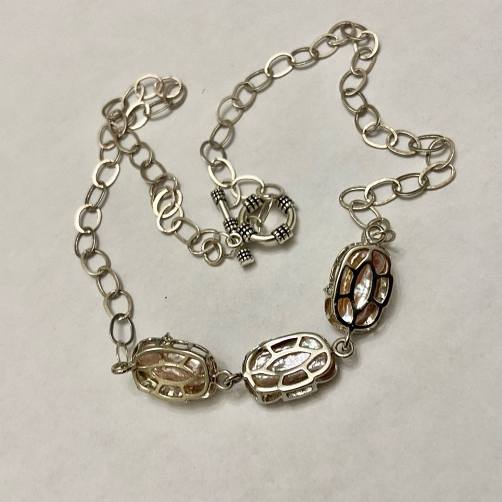 Vintage, 3 Encased Biwa Pearls Pendant w/18in Sterling-925 Chain Necklace
